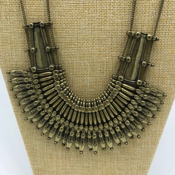 Bohemian Bar Bib Multi Chain Brass Tone Necklace - Picture 2 of 6